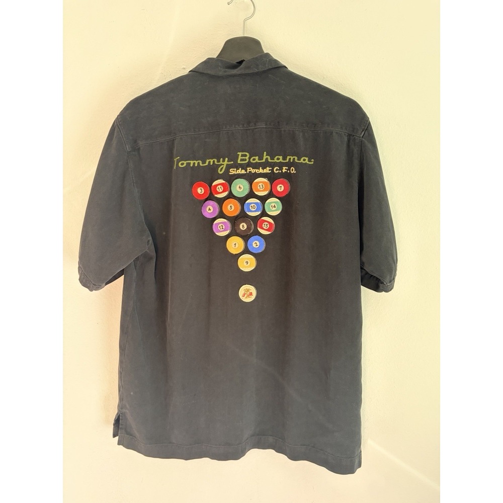 Tommy Bahama 100% Silk Camp Shirt Mens Small Black Pool Balls Billiards
